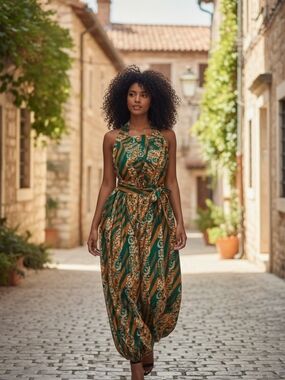 Green & Gold Halter Tie-Waist Printed Jumpsuit